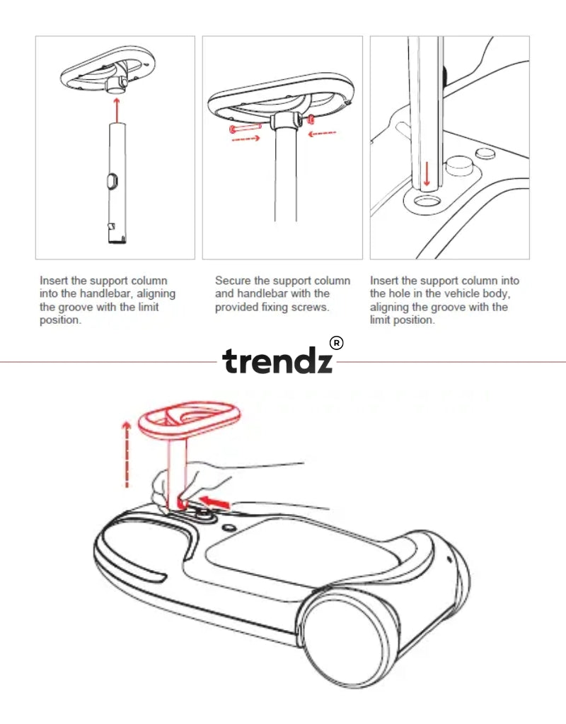 Step-by-step assembly instructions for a scooter component with trendz branding.