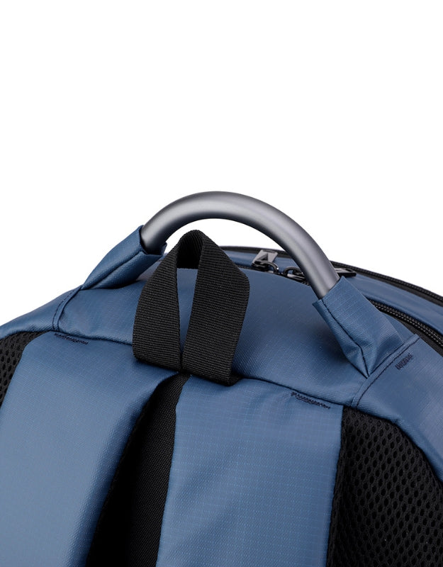 Sturdy metal handle on Step On The Brave waterproof backpack.
