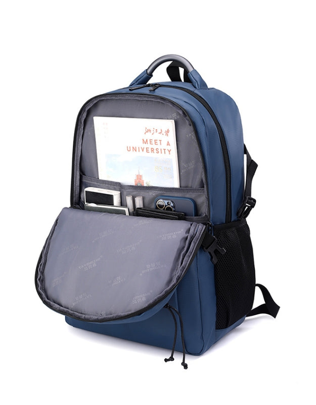 Open view of Step On The Brave waterproof backpack with books and gadgets inside.