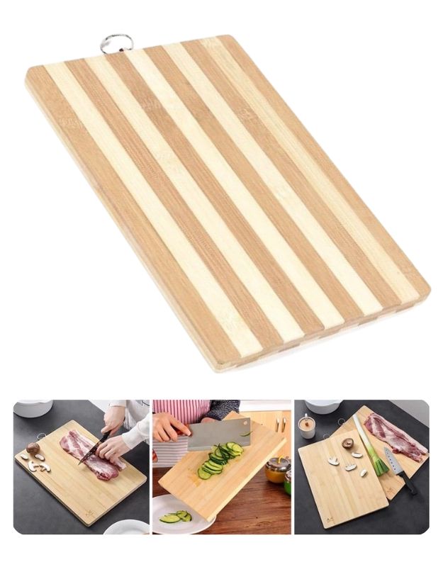 Wooden cutting board with striped pattern on a white background. Striped bamboo wooden chopping board with ring handle, shown plain and in use cutting vegetables and meat.