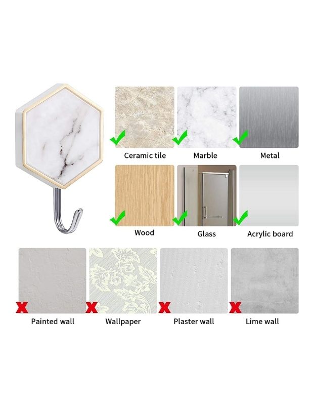 Marble adhesive wall hook suitable for ceramic tile, glass, wood, and metal surfaces.