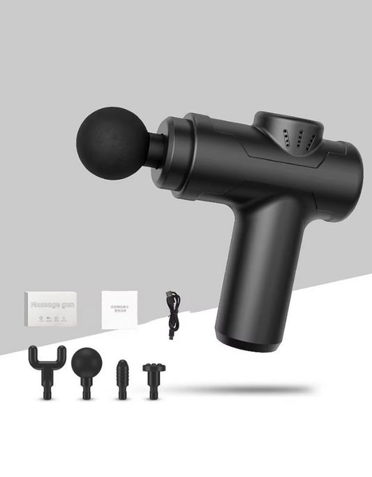 A black mini massage gun with 4 massage heads, displayed with its components and a charging cable.