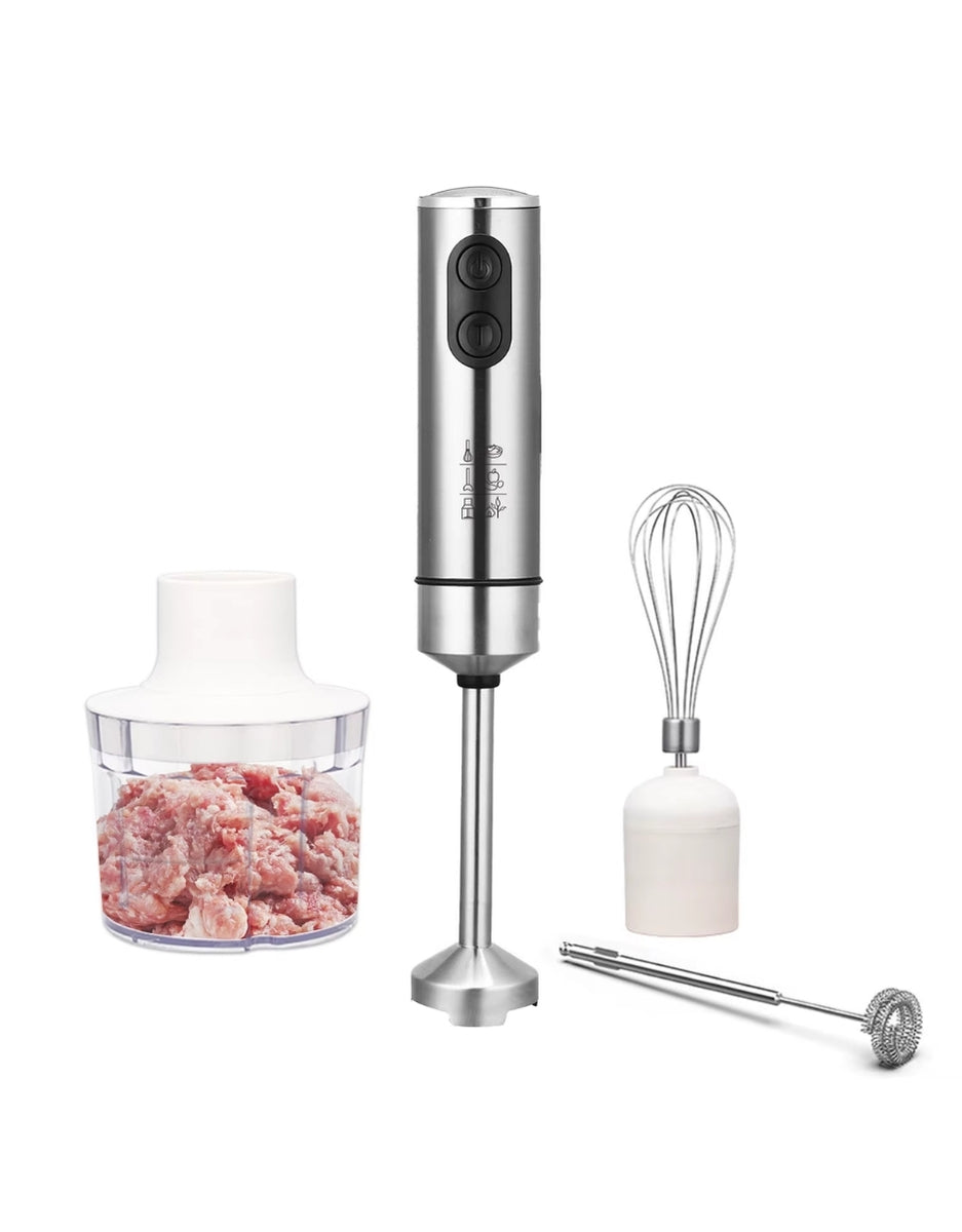 Super Crest Household Electric 1-Speed stainless steel hand blender set with whisk, chopper, and milk frother attachments