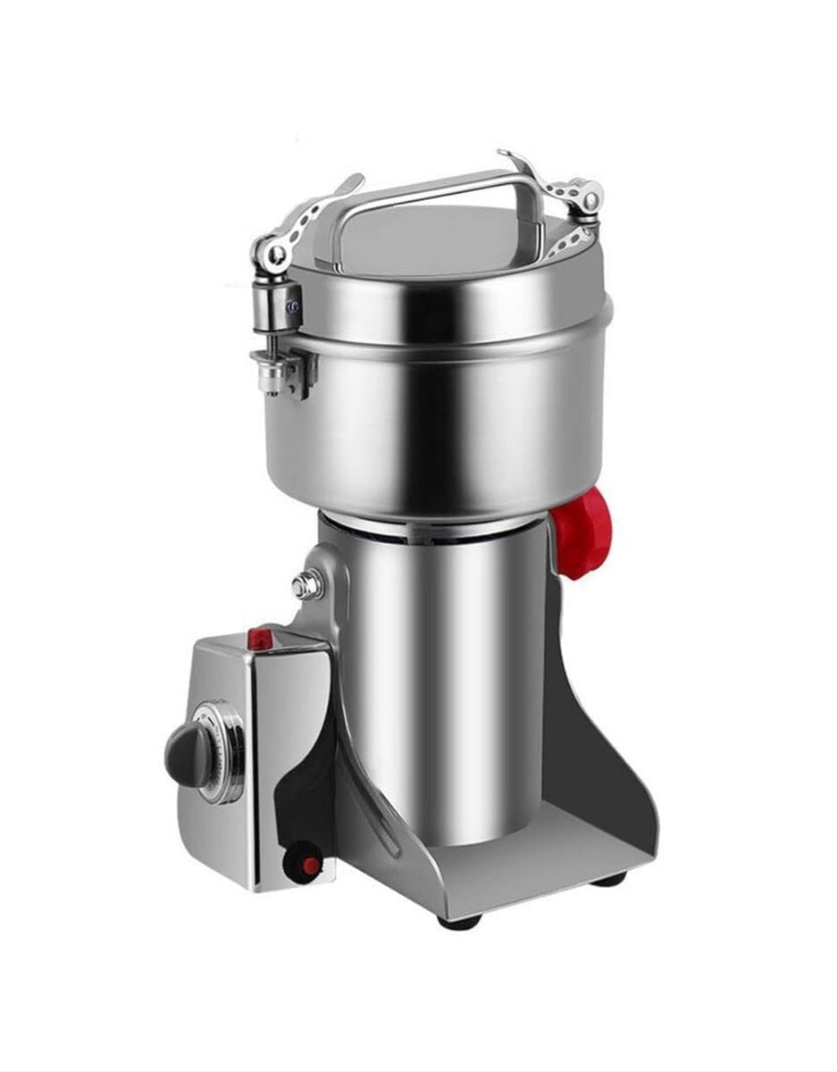 Super Crest 1000g stainless steel grain grinder with closed lid and power control knob, heavy-duty milling machine for home or commercial use