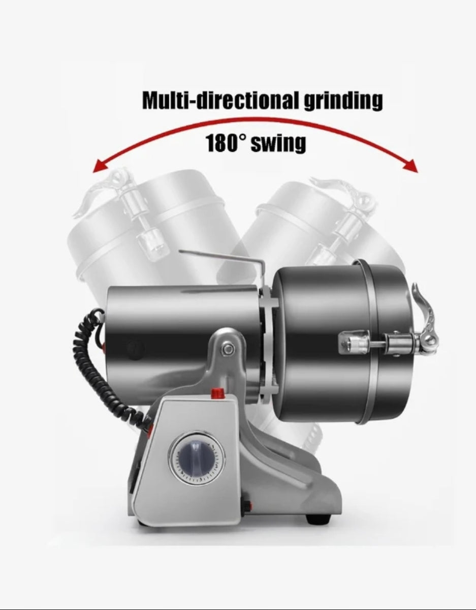 Super Crest 1000g high-speed grain grinder with 180-degree swing feature for multi-directional grinding and easy powder pouring