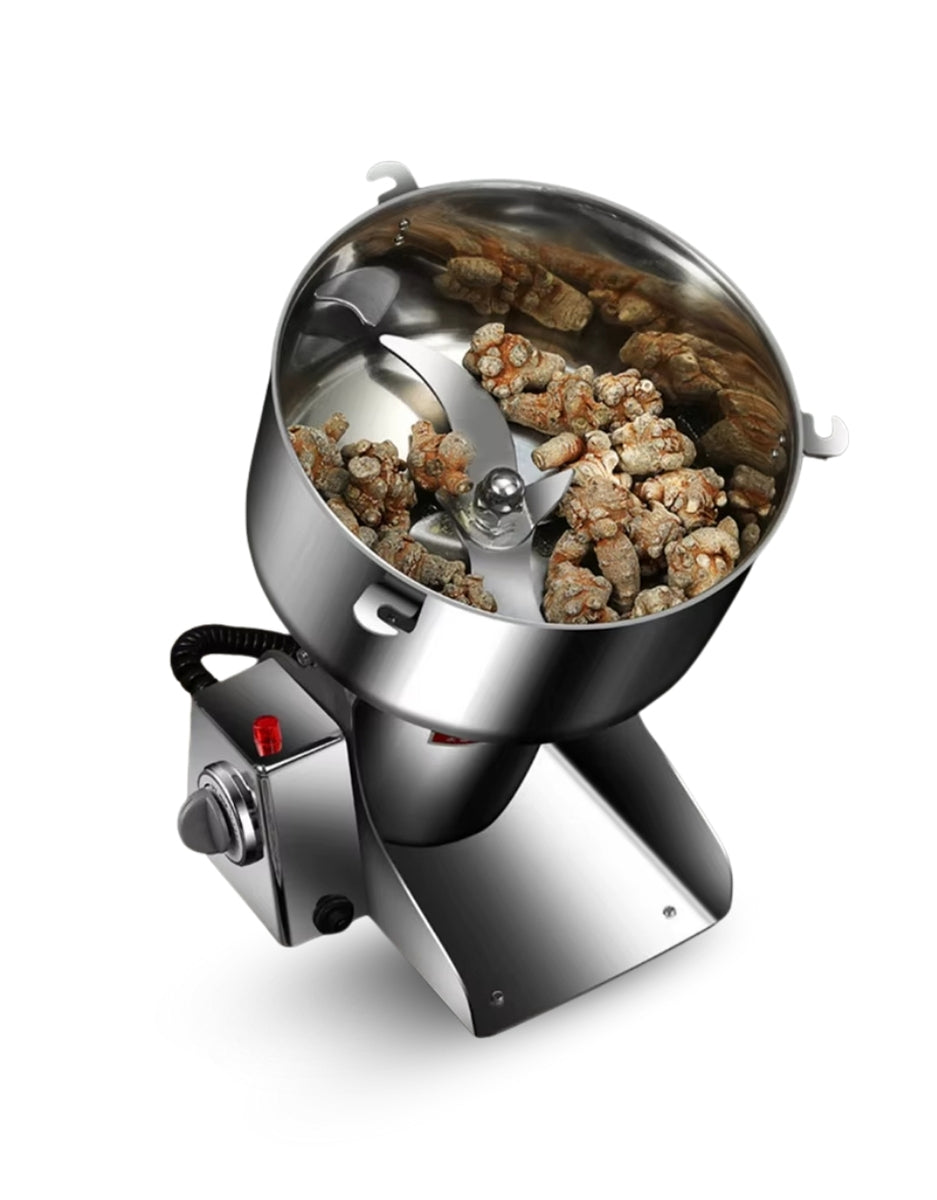 Super Crest 1000g high-speed stainless steel electric grain grinder filled with dried herbs and spices, durable and efficient design