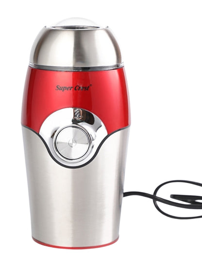Side view of Super Crest 300W electric coffee grinder with power cord, stainless and red body design