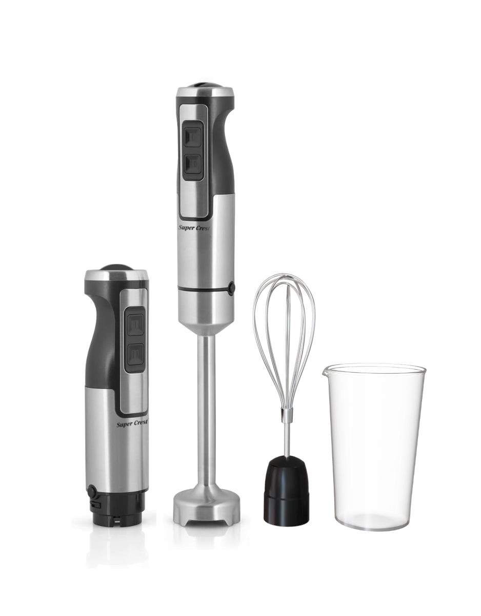 Super Crest baby food hand blender with detachable stainless steel blending rod and motor unit.