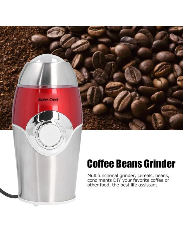 Super Crest 300W coffee beans grinder shown with roasted coffee beans background, multifunction electric grinder for cereals and condiments