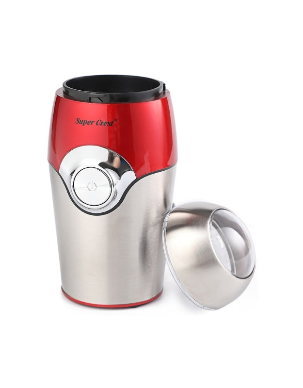 Super Crest 300W stainless coffee grinder with transparent lid removed, showing open grinding chamber