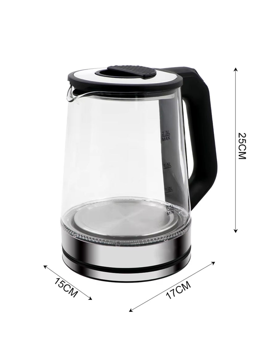 Super Crest electric glass kettle product dimensions illustration showing 25 cm height and 17 cm width.