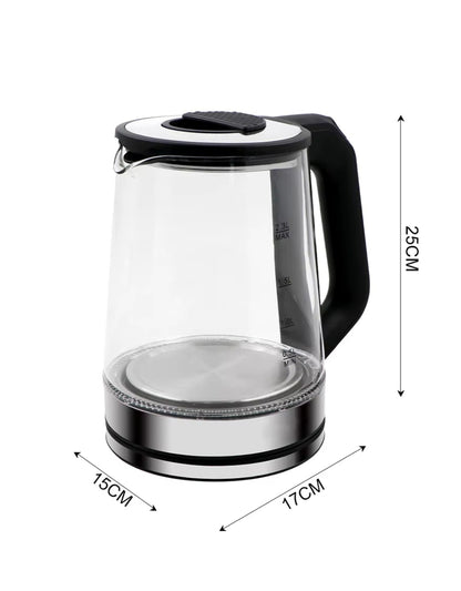 Super Crest electric glass kettle product dimensions illustration showing 25 cm height and 17 cm width.