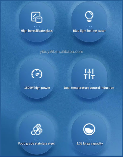 Super Crest electric kettle infographic displaying features such as high borosilicate glass, blue light boiling, 1800W power, dual temperature control, food-grade stainless steel, and 2.3L capacity