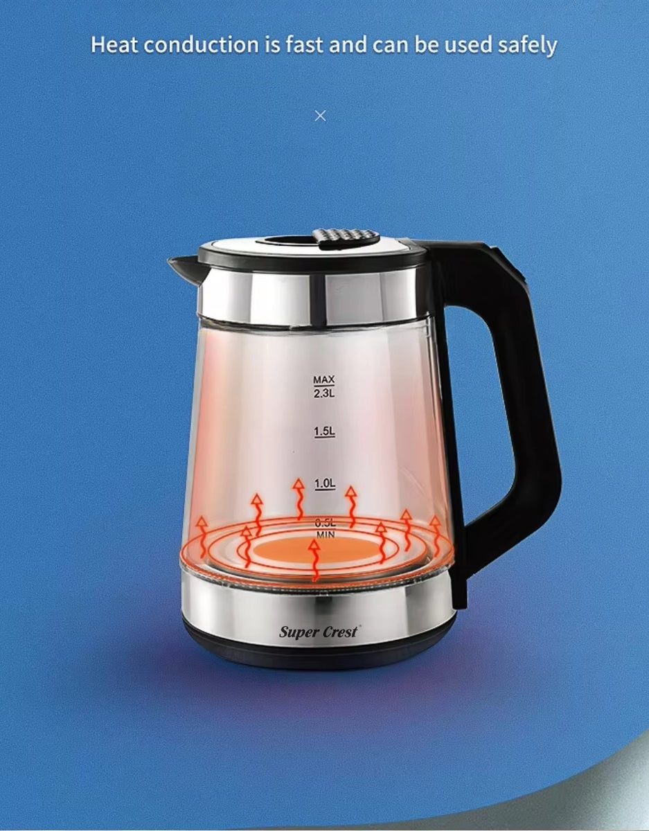 Super Crest electric glass kettle showing fast heat conduction and safe boiling system with red heating illustration