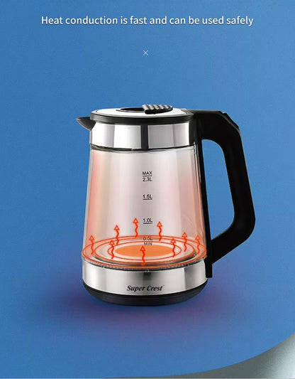 Super Crest electric glass kettle showing fast heat conduction and safe boiling system with red heating illustration
