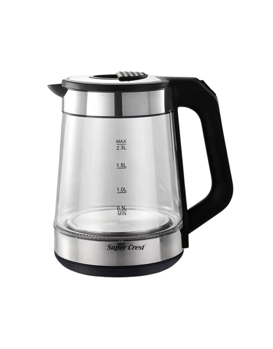 Super Crest 2L household glass electric kettle with black handle and stainless steel base, large capacity water boiler