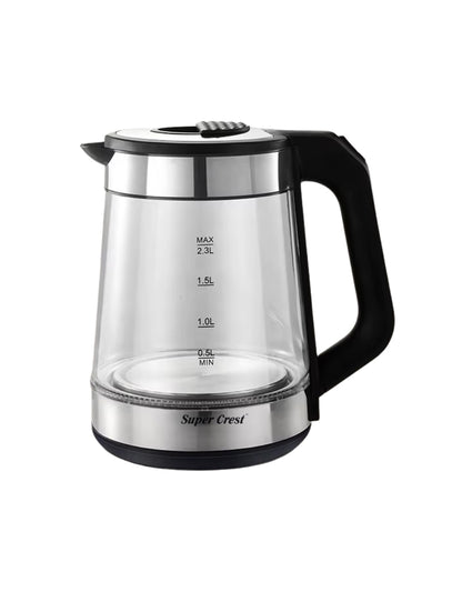 Super Crest 2L household glass electric kettle with black handle and stainless steel base, large capacity water boiler