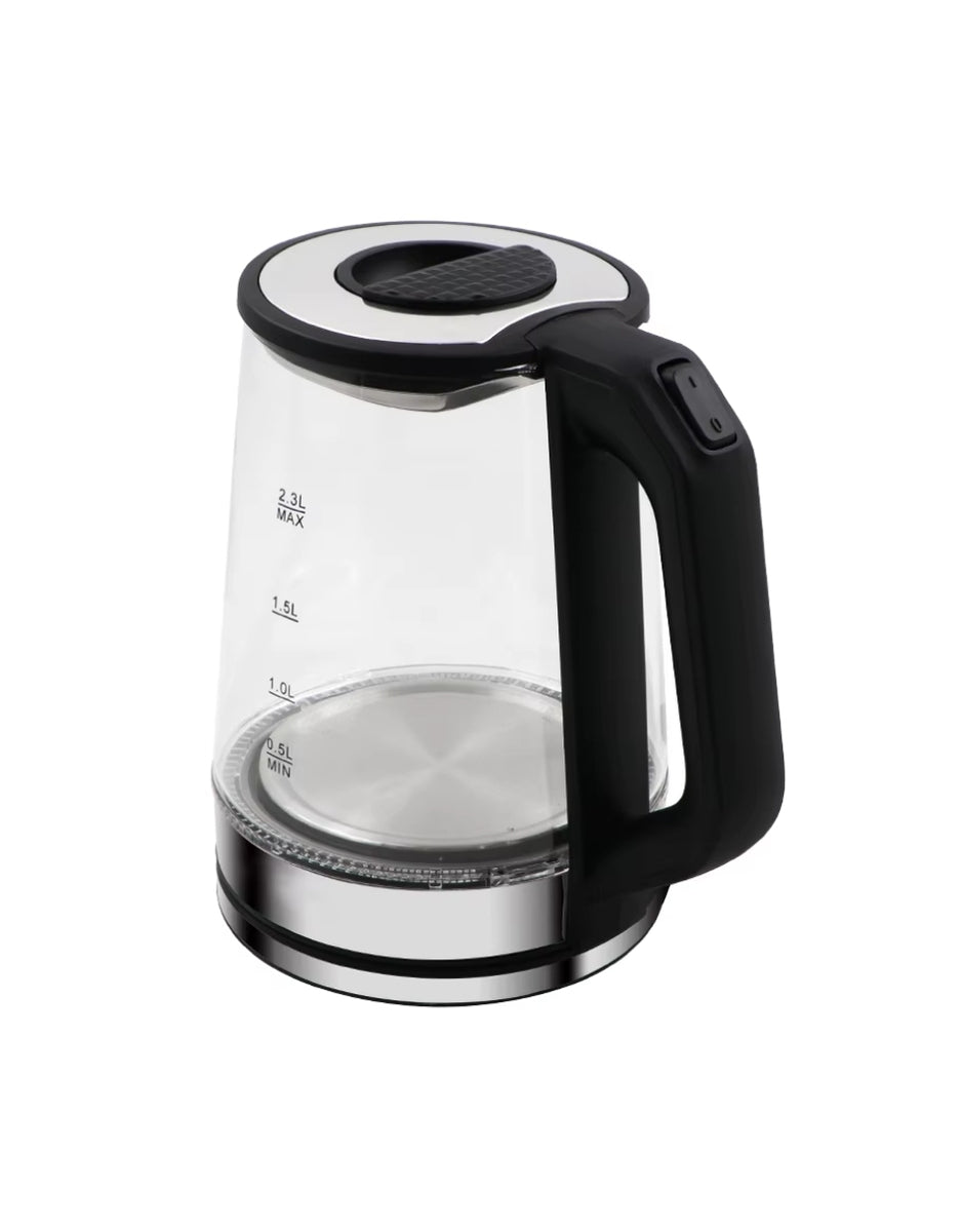 Side view of Super Crest glass electric kettle with black handle and stainless steel base, modern household design