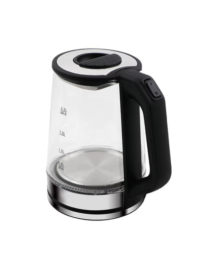 Side view of Super Crest glass electric kettle with black handle and stainless steel base, modern household design