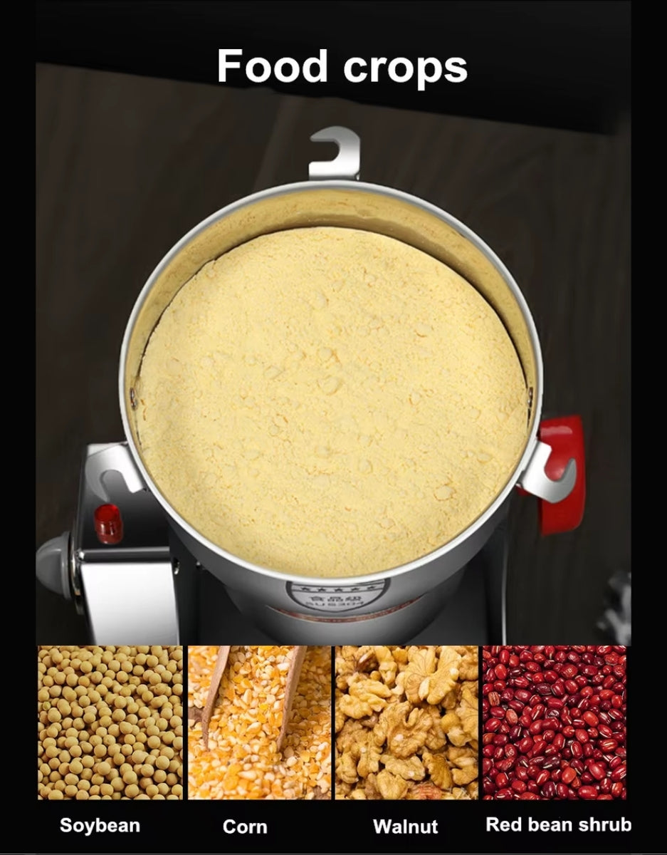 Super Crest 1000g grain grinder processing food crops like soybean, corn, walnut, and red beans into fine powder