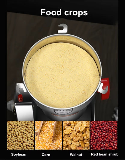 Super Crest 1000g grain grinder processing food crops like soybean, corn, walnut, and red beans into fine powder