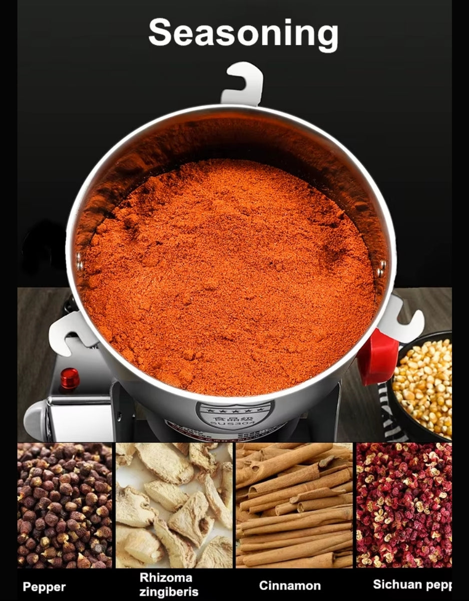 Super Crest 1000g electric grain grinder making seasoning powders such as pepper, ginger, cinnamon, and Sichuan pepper.