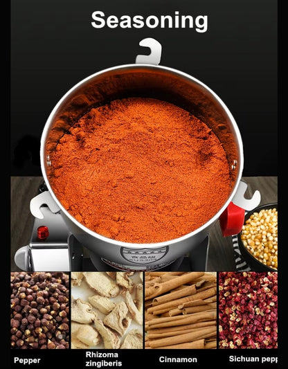 Super Crest 1000g electric grain grinder making seasoning powders such as pepper, ginger, cinnamon, and Sichuan pepper.