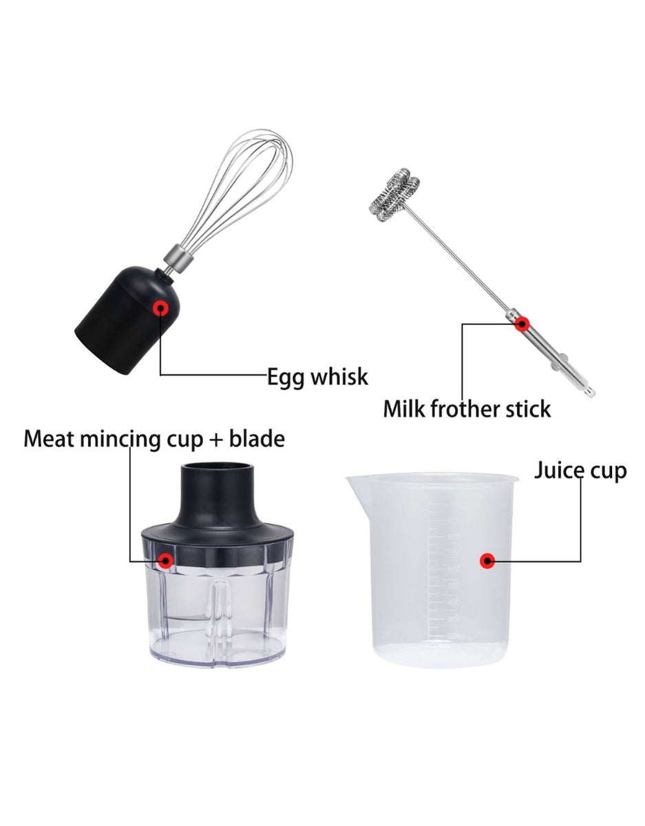 Super Crest 1-Speed hand blender accessories labeled — egg whisk, milk frother stick, meat mincing cup with blade, and juice cup