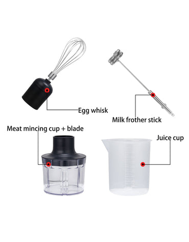 Super Crest 1-Speed hand blender accessories labeled — egg whisk, milk frother stick, meat mincing cup with blade, and juice cup