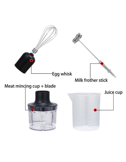 Super Crest 1-Speed hand blender accessories labeled — egg whisk, milk frother stick, meat mincing cup with blade, and juice cup