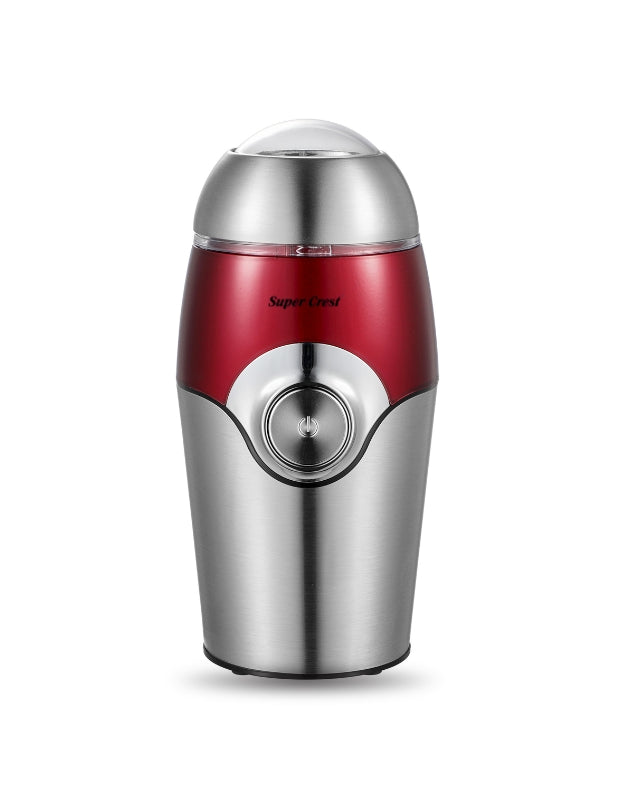 Super Crest stainless steel coffee grinder 300W in red and silver design, compact electric bean grinder for home use