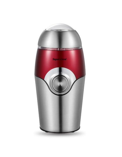 Super Crest stainless steel coffee grinder 300W in red and silver design, compact electric bean grinder for home use