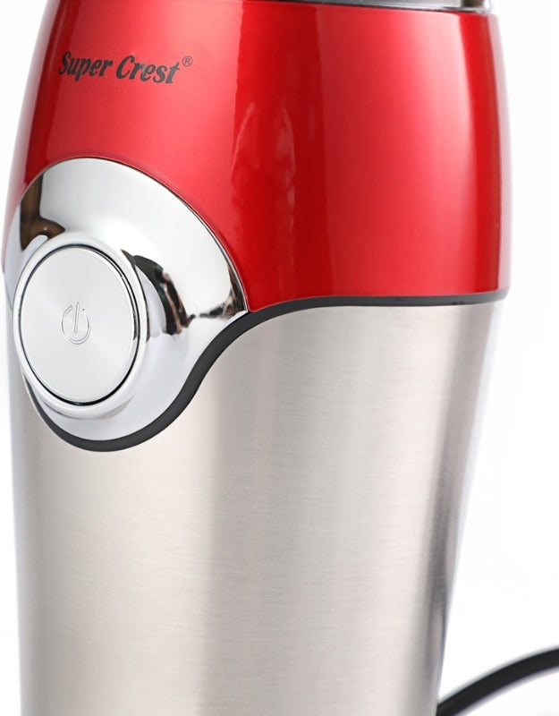 Close-up of Super Crest 300W stainless coffee grinder power button and brushed metal finish
