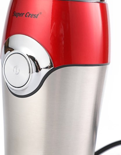 Close-up of Super Crest 300W stainless coffee grinder power button and brushed metal finish