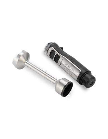 Super Crest 1200W hand blender stainless steel body with detachable blending arm on white background