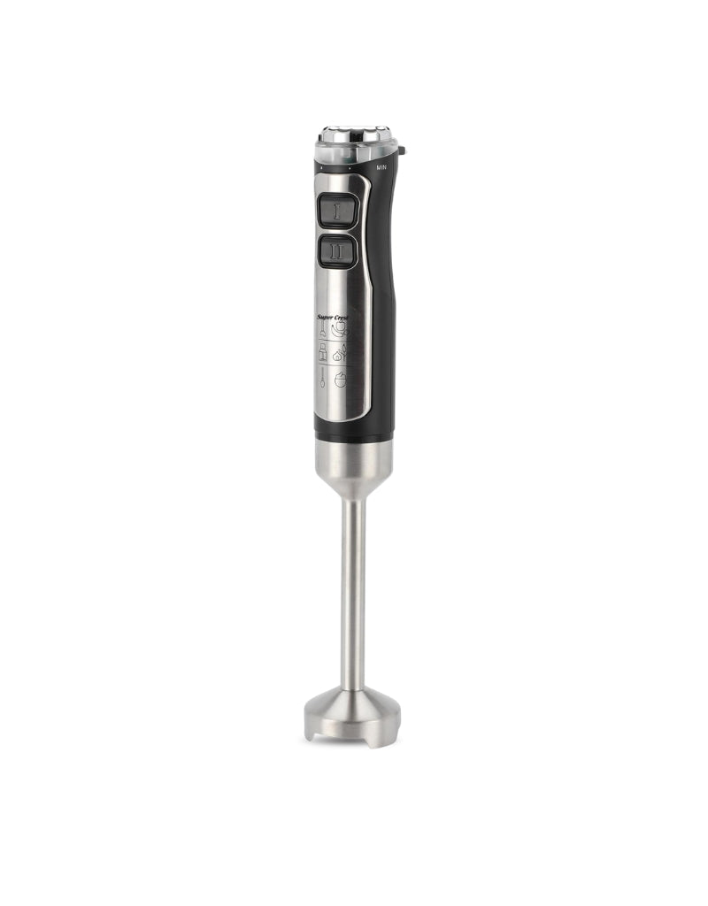 Super Crest 1200W stainless steel hand blender upright view showing dual-speed buttons