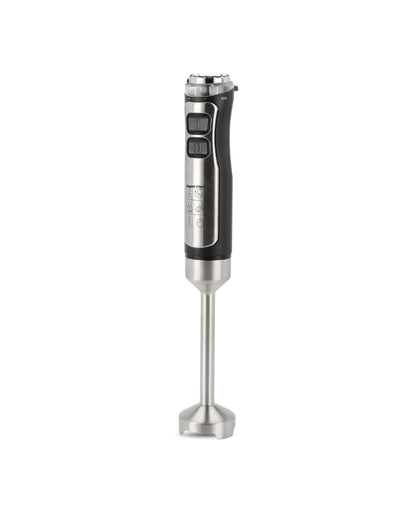 Super Crest 1200W stainless steel hand blender upright view showing dual-speed buttons