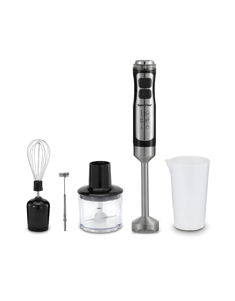 Super Crest 1200W hand blender complete accessory set including whisk, chopper, frother, and measuring cup