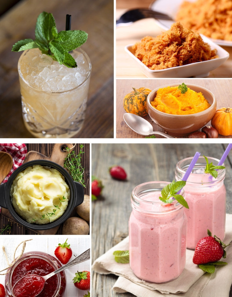 Variety of blended recipes made using Super Crest 1200W hand blender including smoothies, mashed potatoes, and sauces