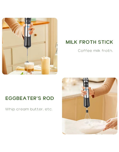 Super Crest 1200W hand blender being used to froth milk and whip cream with multiple attachments
