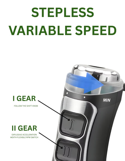 Super Crest 1200W hand blender stepless variable speed control showing gear settings and adjustment knob