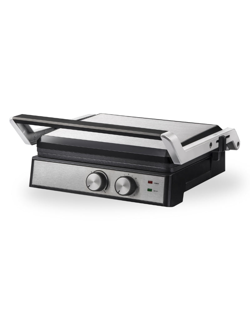 Super Crest 2000W contact grill closed with stainless steel top and control knobs