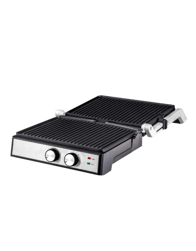 Super Crest 2000W contact grill fully opened to 180 degrees showing large dual grill surface