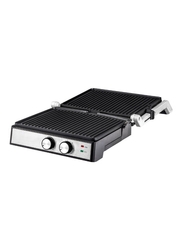 Super Crest 2000W contact grill fully opened to 180 degrees showing large dual grill surface