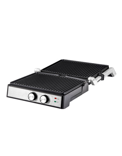 Super Crest 2000W contact grill fully opened to 180 degrees showing large dual grill surface