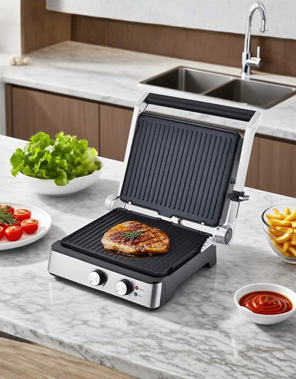 Super Crest 2000W electric grill on kitchen counter cooking chicken with salad and fries nearby