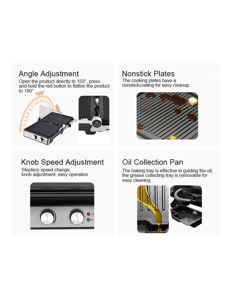 Super Crest 2000W contact grill with removable oil pan and adjustable open-close angle
