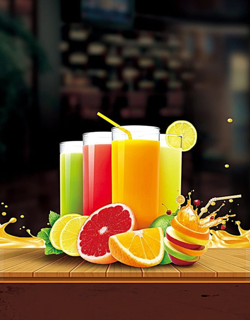 Fresh colorful juices in glasses with fruits on wooden table representing Super Crest blender performance