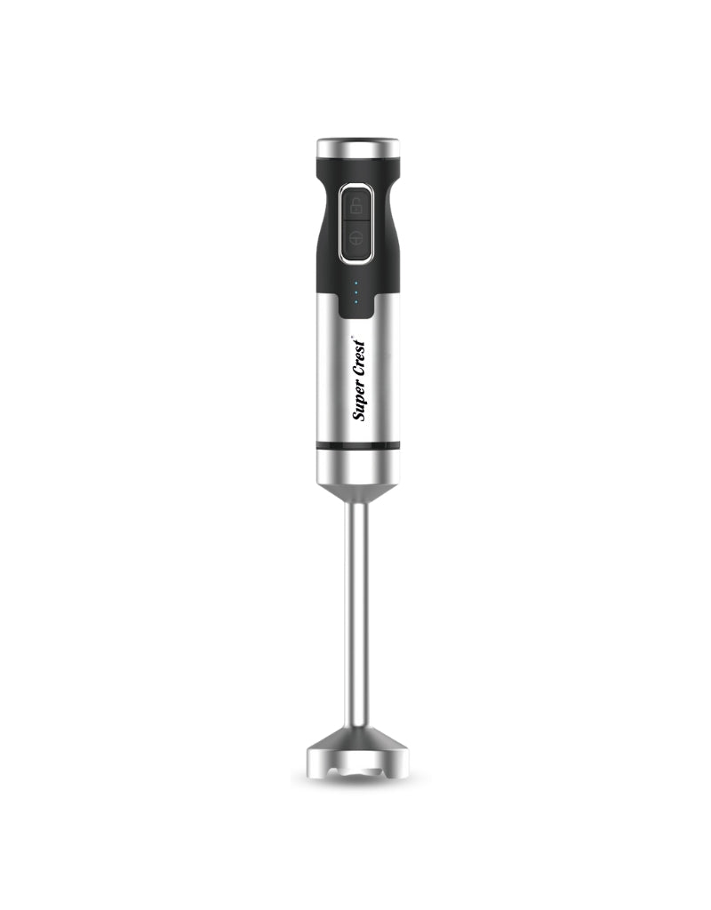 Super Crest 600W stainless steel handheld stick blender with sleek black and silver design