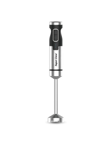 Super Crest 600W stainless steel handheld stick blender with sleek black and silver design